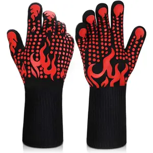 BBQ Gloves, 1472 Degree F Heat Resistant Grilling Gloves Silicone Non-Slip Oven Gloves Long Kitchen Gloves for Barbecue, Cooking, Baking, Cutting