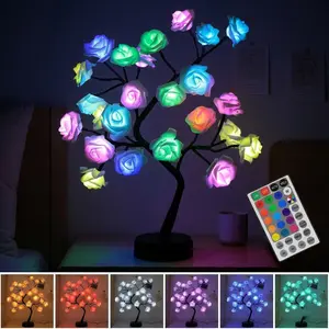 Rose Flower Tree Lamp -Upgraded Chip Multi-Color RGB Night Light with Remote & Timer, USB or Battery Powered, Dimmable Aesthetic Table Lamp for Room Decor, Romantic Birthday & Anniversary Gift for Her