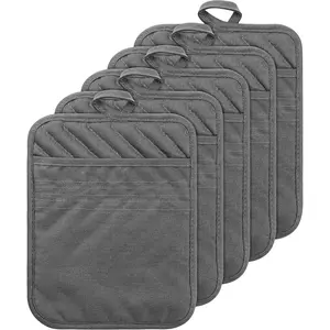 5Pack Pocket Pot Holders Cotton Heat Resistant Potholder Multipurpose Hot Pads Machine Washable Oven Mitts Cooking Pads Bulk for Daily Kitchen Baking and Cooking 8.9 x 6.9 Inch Grey
