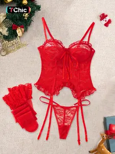 Christmas Sexy Soft Fabric Adjustable Strap Sheer Ruffle Lace Bra & Panty & Socks Set for All Seasons