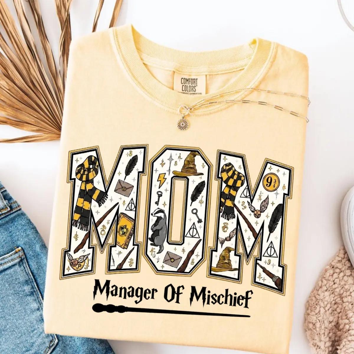 Comfort Colors Mom Manager of Mischief T-Shirt, Wizard Family Graphic Tee, Magical Mom Halloween Shirt, Witchy Fantasy Mom Gift