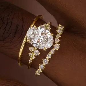 3Pcs Stackable Gold Ring Set 5A Grade Cubic Zirconia Oval Cut Sparkling Engagement Proposal Anniversary Birthday Gift for Wife Girlfriend