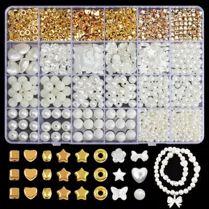 1000pcs Pearl Beads Kit, Bead Assortment for Jewelry Making Earrings, Necklaces, Bracelets, 4 Sizes Round Pearls, Spacer Beads, Star Heart Bow Beads DIY Crafts