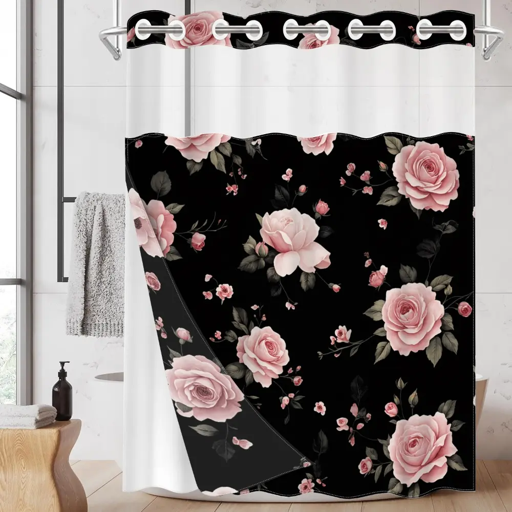 1pc hookless decorative shower curtain with buckle lining, spring pink and black rose design, 2D flat printing, fabric waterproof lining, see-through double-layer shower curtain, 71 x 74 inches, modern home draping curtain, Bathroom Curtain