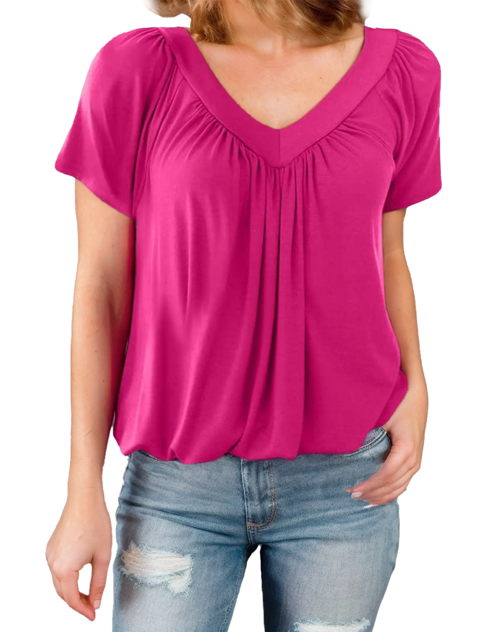 ZEAGOO Women's V-Neck Short Sleeve Minimalist Viscose Garment, Pleated Flutter Sleeve Loose Casual Wear Blouse, Trendy Dressy Summer XXL Pink Top, Shortsleeve, Elegance, Basic, Fashion, Polyester, Simple, Solid, Women's Fashion, Flutter Sleeves