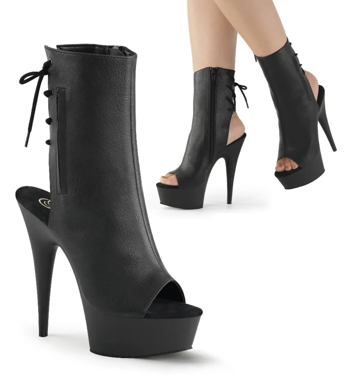 Women's Stiletto Party Ankle Boots in Black with an Open Toe, 6 In Heel, Platform Sole and Lace-Up Back, Footwear, Heeled, Women's Fashion, Shoe, High Heel, Statement Shoes, Night Out, Side Zip, 6-In Heeled High Heels