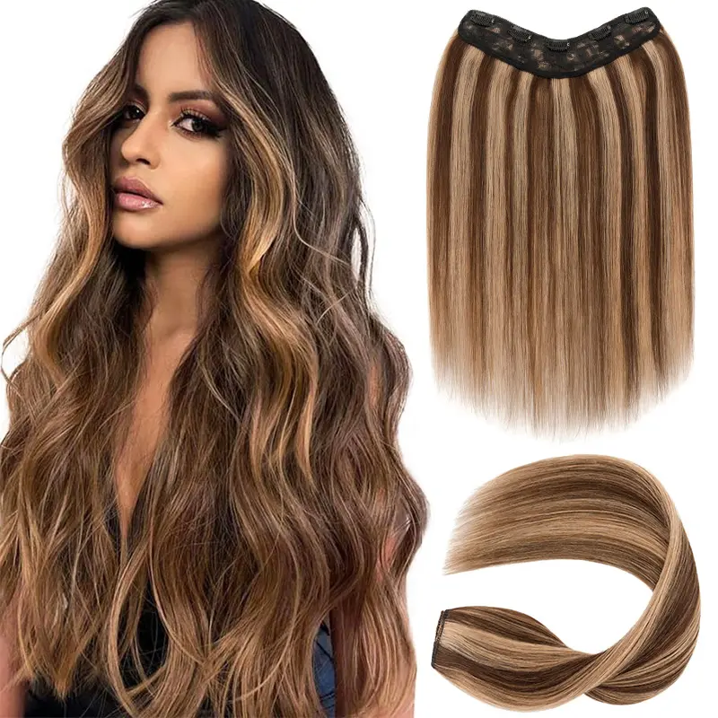 MY-LADY Women's Glueless V-Shaped Clip-In 100% Remy Silk Straight Salon Hair Extensions, 20in 1b# Soft 1 Full Piece Remy Hair Pieces, Soft Human Hair