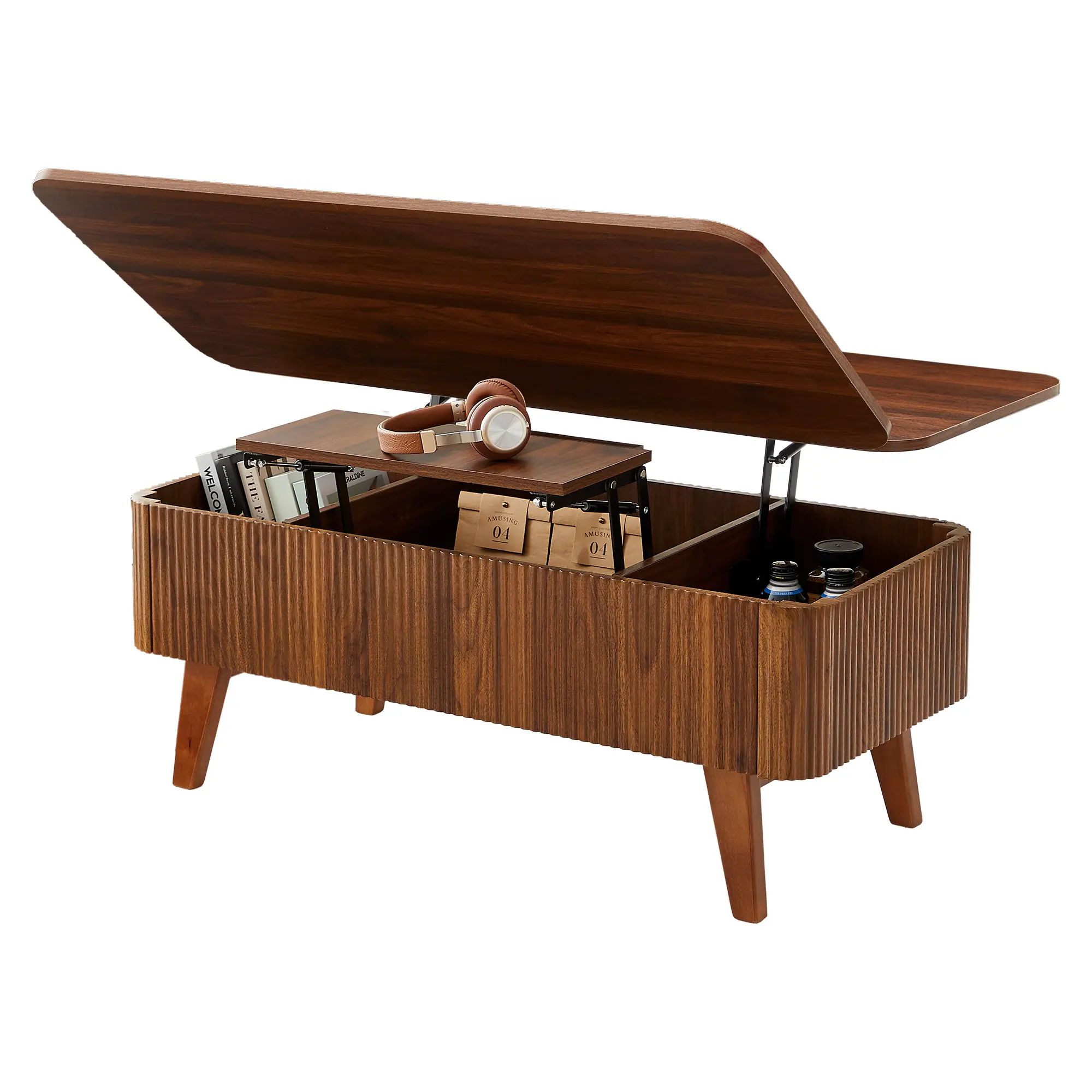 Giratree 3-in-1 Lift Top Coffee Table, Fluted Oval Wood Coffee Table with Hidden Storage, Convertible Center Table for Living Room, Office and Small Spaces