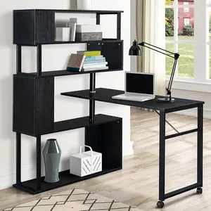 Home Office Computer Desk L-Shaped Corner Table, Rotating Computer Table with 5-Tier Bookshelf, Four Installation Methods, Lockable Casters