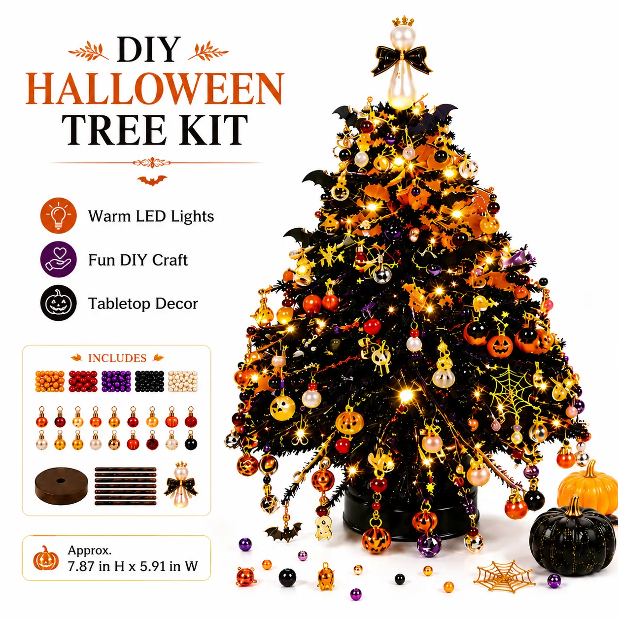 DIY Beaded Christmas Tree Kit[Assembly Required], Crystal Christmas Craft Set with Colorful Beads, Ornament Charms, Metal Tree Frame & Angel Topper, Handmade Holiday Decor, Warm Glow Tabletop Decoration, Creative Christmas Gift