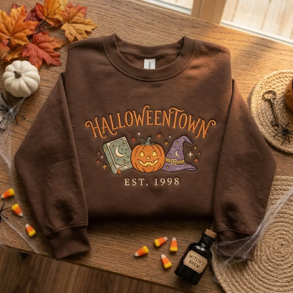 Vintage Halloween Town Est 1998 Embroidered Sweatshirt | Spooky Season Crewneck Retro Pumpkin Shirt Unisex Cozy Fall Holiday Pullover