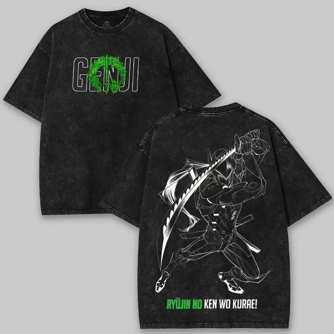 Overwatch Genji Game art Washed Tshirt Oversize 2 Sided graphic game movie merch Menswear Tee streetwear Top Casual graphic t-shirts 4T2