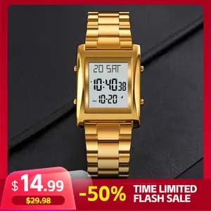 SKMEI Men's Square Digital Luminous Fashionable Watch - Gold Stainless Steel Wristwatch with Hardlex Glass Dial, 3ATM Waterproof, LED Backlight, Dual Time Zone, Stopwatch, Countdown Timer, Alarm Clock, Date Display