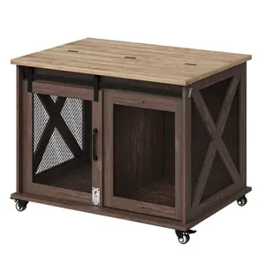 Contemporary Wooden Dog Crate Furniture for Large Dogs, Indoor Kennel End Table with Sliding Barn Door, Turn Over Top, Removable Divider, Wheels - Stylish Dog House - Color: White/Grey