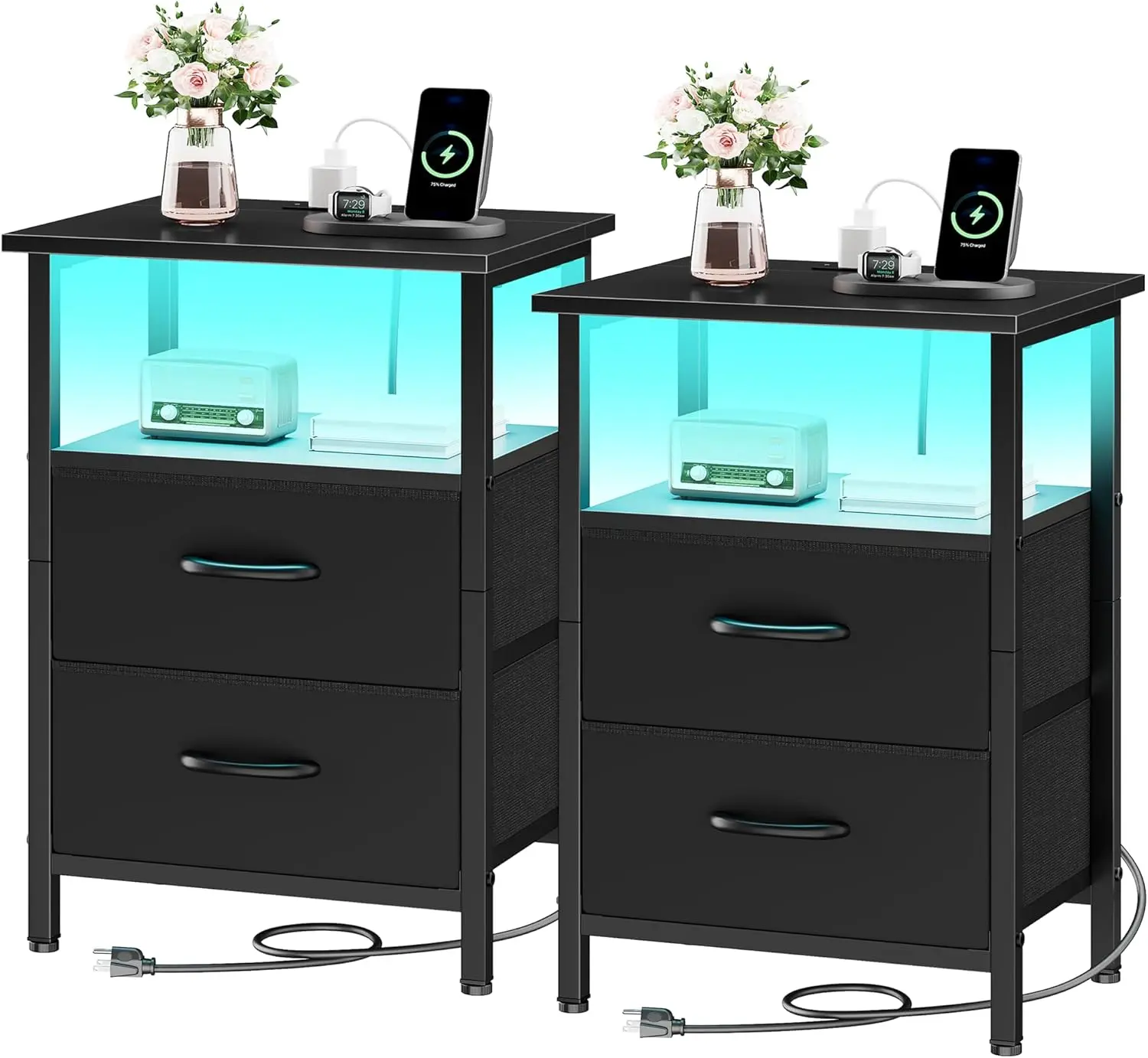 LED Side Table with Charging Station, LED Nightstand with USB Ports and Outlets, Featuring 2 PU-Coated Fabric Storage Drawers, Suitable for Living Rooms and Bedrooms, Black