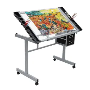 Adjustable Glass Art Desk with 2 Drawers on Wheels – Tiltable Drafting Table for Drawing, Painting, Multi-Purpose Drawing Work Station for Home Office or Studio