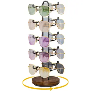 NiHome Rotating Eyeglass Display Rack for Sunglasses & Accessories, Rustic Wooden Base,Organizer Holds 10 Pairs, 360° Swivel retail display