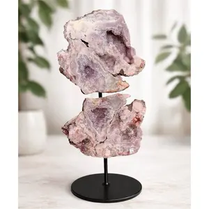 Pink Amethyst Druzy double Slab on Black Metal Stand – Natural Crystal Display Piece – Polished Amethyst Geode Decor