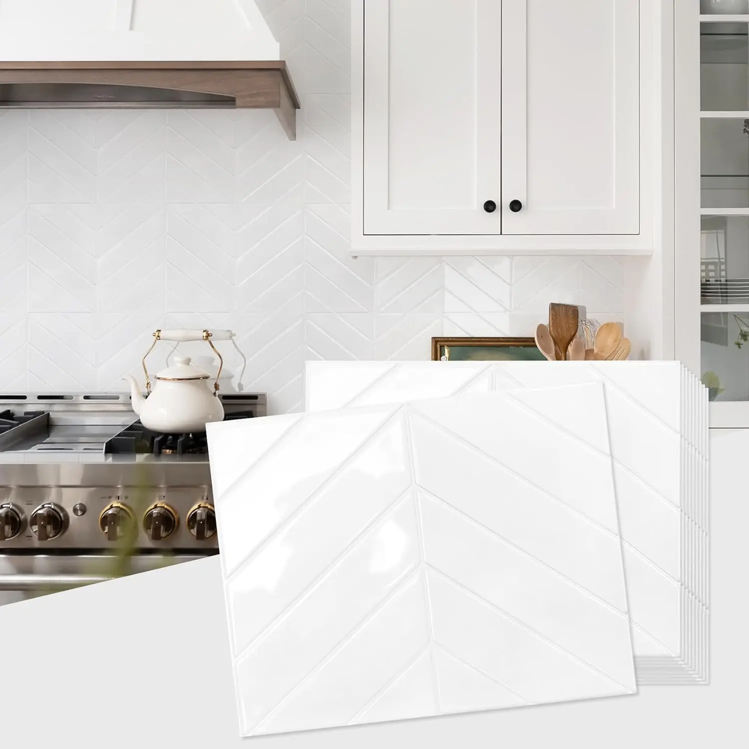 10-Pack Classic Sturdy Synthetic Pure White Geometric Herringbone Thick Peel-and-Stick Backsplash Tile Stickers, 12.6"x9.7" No-Tools-Needed Self-Adhesive Decorative Wall Tiles for Kitchen, Bathroom Decor