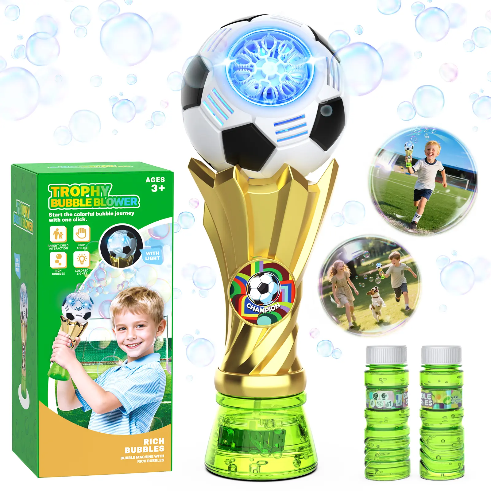 Light Up Automatic Bubble Machine Wand - 2 Bubble Refill Solutions, Vibrant Outdoor Play Toy, Birthday Gift for 3-8 Year Old Kids, Bubble Wands