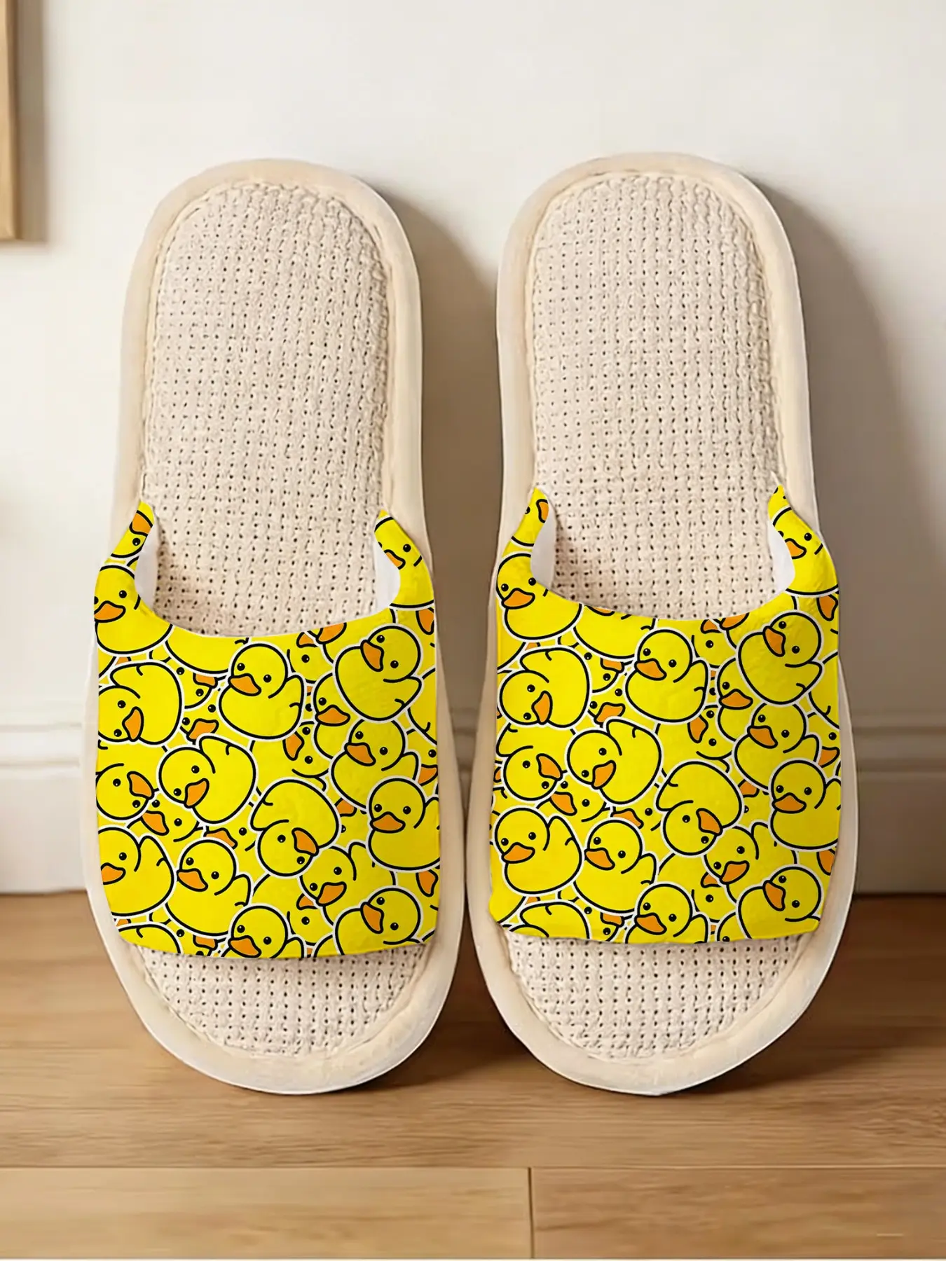 Duck Printed Linen Slippers, Breathable Waffle Texture, Casual Animal Print, Nonwoven Fabric, Less Than Ankle Height, Daily Wear