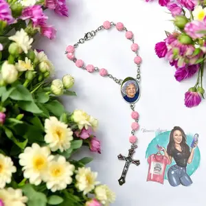 Pink Rose Rosary Bracelet with Custom Photo Personalized Keepsake Memorial Gift for Loved Ones Comfortable Durable Faith Wear Jewelry