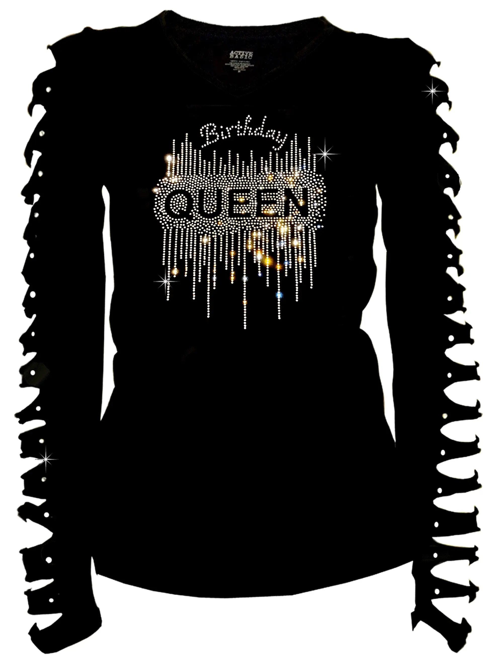 Women's Birthday Queen Shirt Bedazzled Rhinestone Cut Out Long Sleeve Tee Soft Cotton Blend Flattering Silhouette Comfortable Fit Sparkling Style