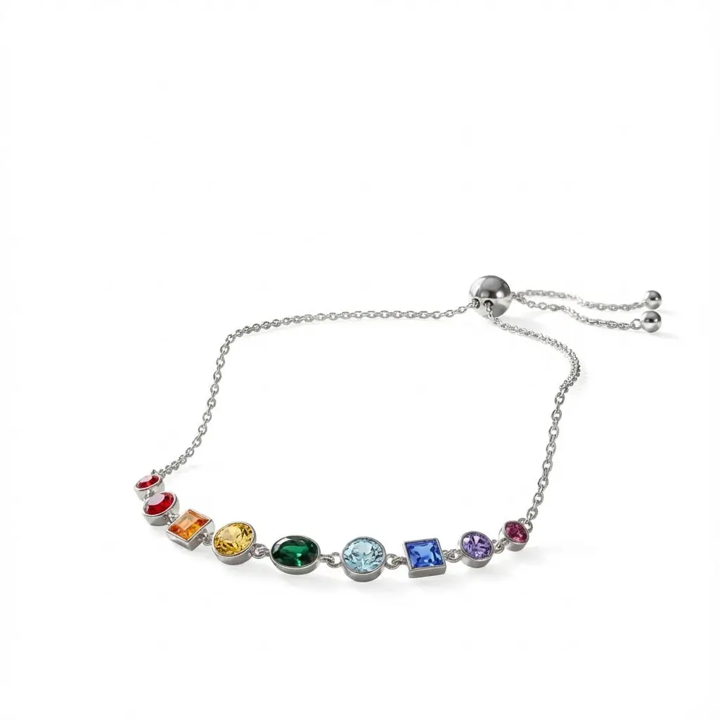 Swarovski Crystal Rainbow Bolo Bracelet Rhodium Plated 925 Silver Adjustable