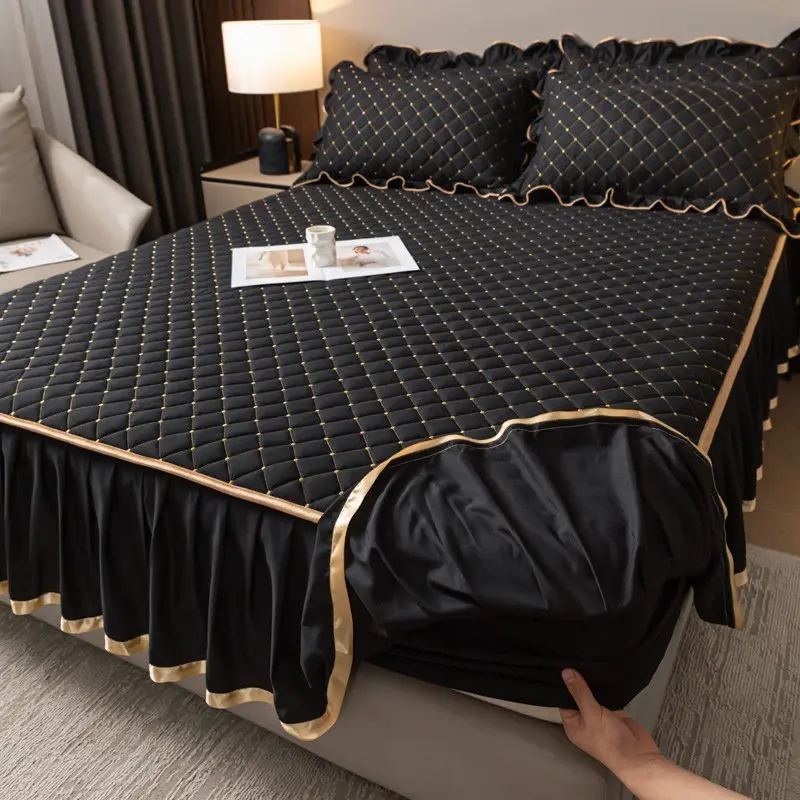 3pcs Quilted Bedskirt Set, Includes 1 Bedskirt and 2 Pillowcases, Thick Stitched Mattress Protector, All Seasons, Modern Bedding Set, Bed Sets