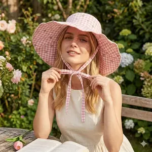 Women's Floral & Plaid Reversible Bucket Hat - Cottagecore Lace-Up Sun Hat With Wide Brim, Sweet Flower Summer Beach Basin Cap For Vacation