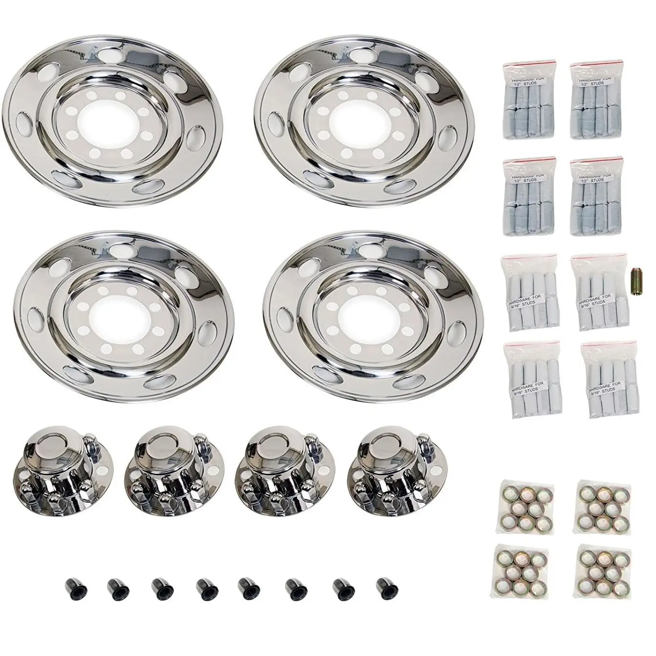 16In 8 Lug 7 Oval Hh Dotliner Stainless Steel Wheel Simulators,  Polished Surface Trailer Wheel Hubcap Set Compatible with Single Wheel Tandem Trailer Rims Replacement Vehicle