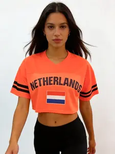 Women's Netherlands Cropped Football Jersey, Orange V-Neck Mesh Crop Top, Dutch National Team Soccer Fan Shirt for Game Day, Breathable Athletic Top