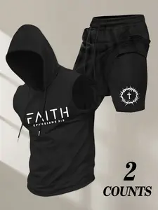 Men's Faith Print Workout 2 Piece Outfit, Sleeveless Hoodie + 2-in-1 Gym Shorts Set, Christian Cross Thorn Print Quick Dry Tracksuit, Athletic Training Outfit for Running, Fitness, Daily Exercise #springsaledeals2026 #summeroutfits #tiktokshopmademebuyit