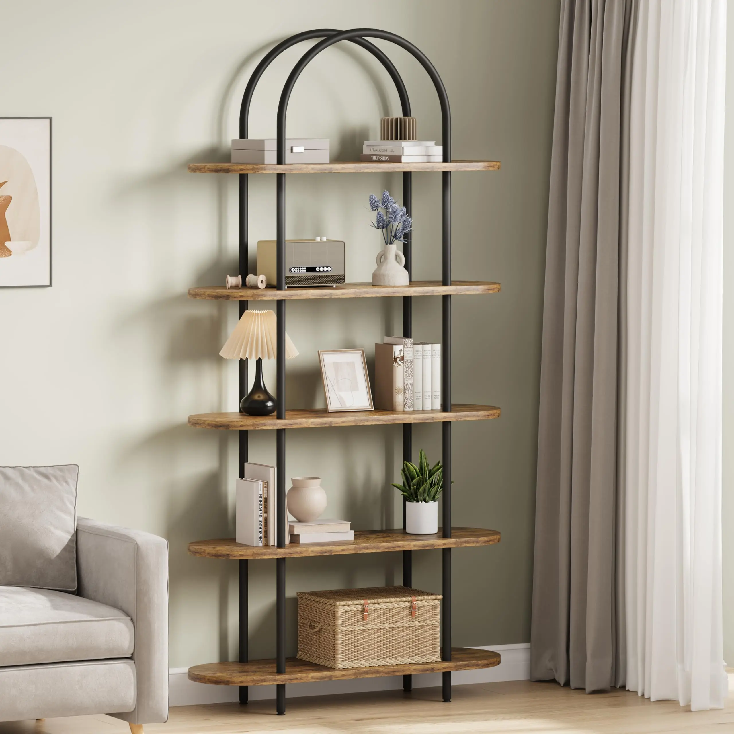 GARVEE 5-Tier Industrial Bookshelf, 71 Inch Tall Metal Arch Bookcase with Open Adjustable Shelves, for Living Room and Home Office,Black and Retro Color