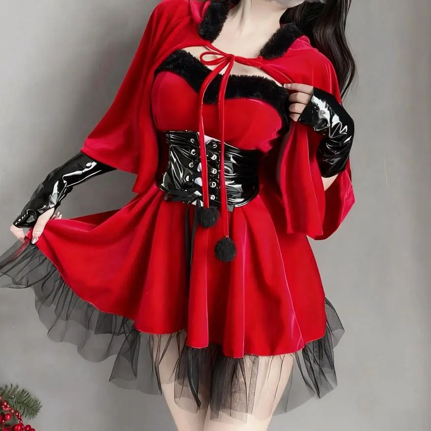 ALIELNOSIRRAH Women's 'Holly Night' Fitted Dark Alt Sexy Red Hood Corset Dress, Cute Christmas Santa Claus Holiday Clothes with Accessories for Party Style Events