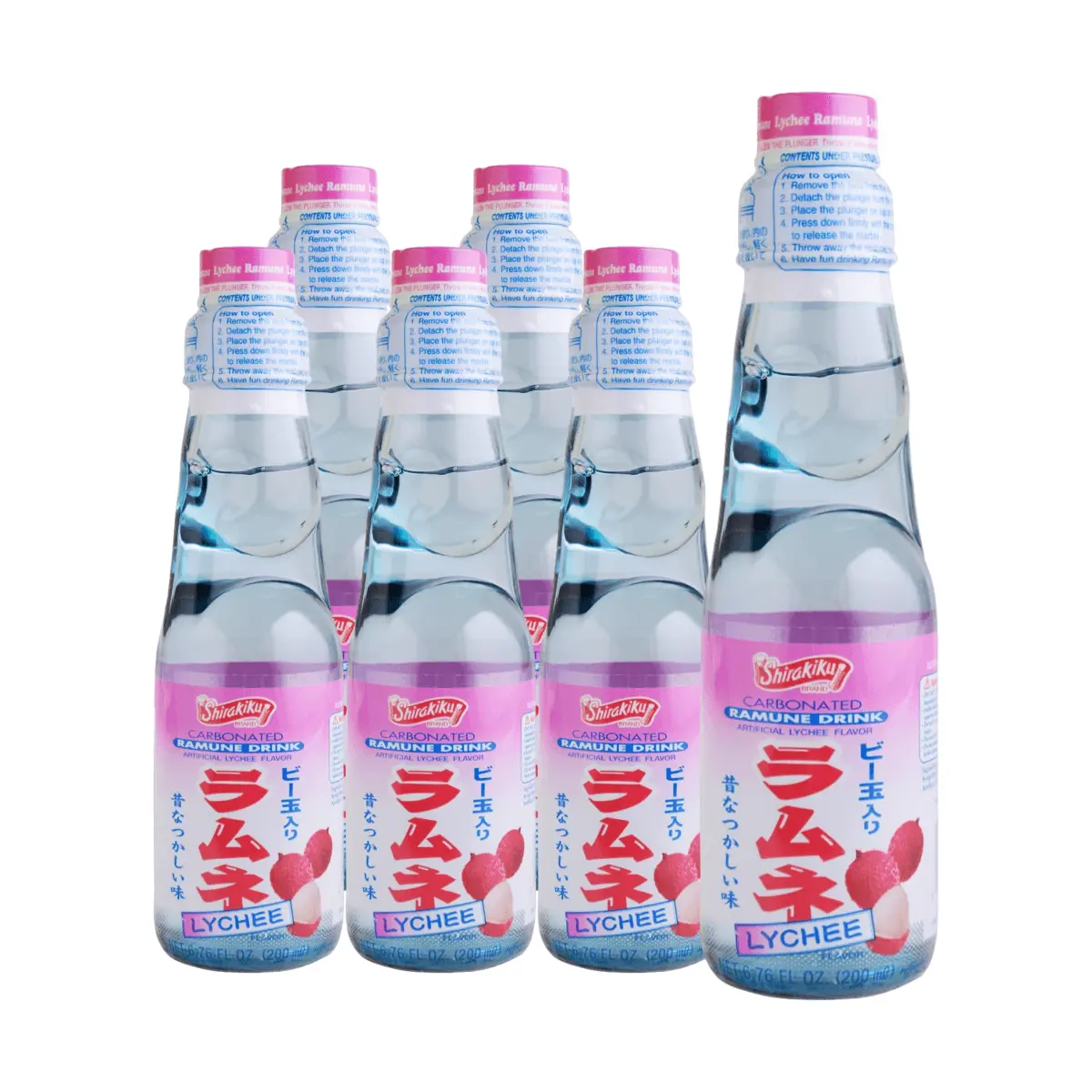 SHIRAKIKU Lychee Flavor Ramune Soda - 6 Pack (200ml Bottles) - Japanese Carbonated Drink