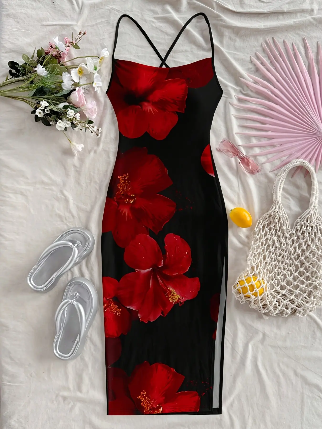 Tropical Floral Print Long Dress, Sexy Summer Vacation Casual Wear Style, Hawaiian Check Dress, Fashionable for Outdoor Events