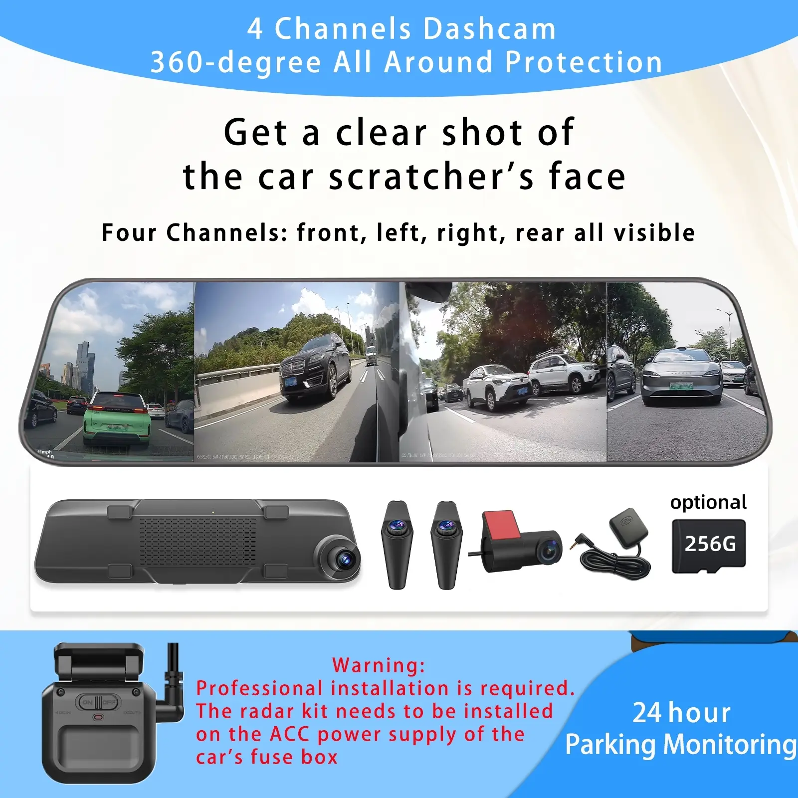 4-Channel Dash Cam with 12" Touch Screen Mirror WiFi Rearview Mirror Night Vision Parking Assistance GPS G-Sensor Loop Recording 360-Degree Panoramic Dash Cam for Cars A10-2