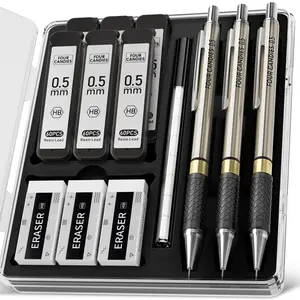 Metal Mechanical Pencil Set, Four Colors, 3 Pieces, Artistic Mechanical Pencils, 360 HB Lead Refills, 3 Erasers, 9 Extra Eraser Replacements, Drawing Mechanical Pencils, Suitable for Writing and Sketching, Includes Storage Case