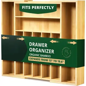 Luxury Bamboo Kitchen Drawer Container-Silverware Container, Tableware Stand and Tableware Tray Drawer Separator (9 Slots, Natural Color)