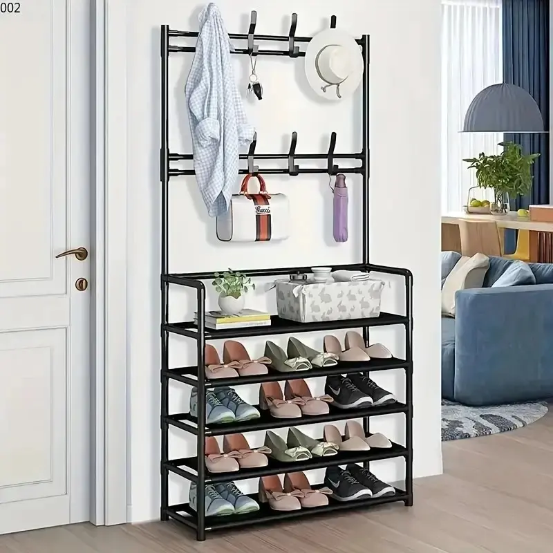 5-Layer Rectangle Metal-Plastic Freestanding Shoe Rack Organizer - No-Drill Home Supplies Space Saving Furniture, Stable 20-25 Kg Capacity, Convertible to Coat Rack for Clothes Jackets Hats Bags Umbrellas, Entryway Corridor Storage