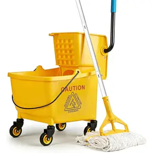 33 Qt Commercial Mop Bucket, with Side-Press Wringer  Wheels. Includes an Industrial Mop. Yellow Industrial Mop Bucket, Suitable for , Commercial, Restaurant Cleaning