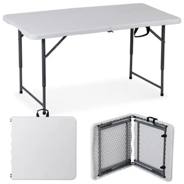 ZENSTYLE 4FT Plastic Lightweight Outdoor Folding Table - Durable Collapsible Compact Table with 3 Adjustable Heights, Carry Handle, for Picnic, Camping, White Home Furniture, Lightweight Outdoor Table, Folding Tables