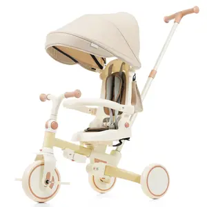 7 in 1 Baby Tricycle, Foldable Toddler Tricycle with Removable and Adjustable Parent Handle, Toddler Push Bike with Removable Pedal, Canopy, and Guardrail, Tricycle for 12-72 Months, yellow Rod