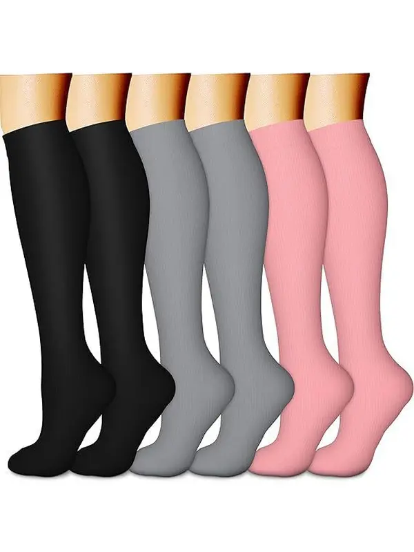 Women's Basic Minimalist Solid Ribbed Slim Sporty Chic Cotton Elastane Compression Socks Set by Socks Laboratory - 6 Pack, Relieves Varicose Veins, Reduces Muscle Soreness, Supports Leg Health, Ideal for Nurses, All Seasons Legwear, Fabric, Style