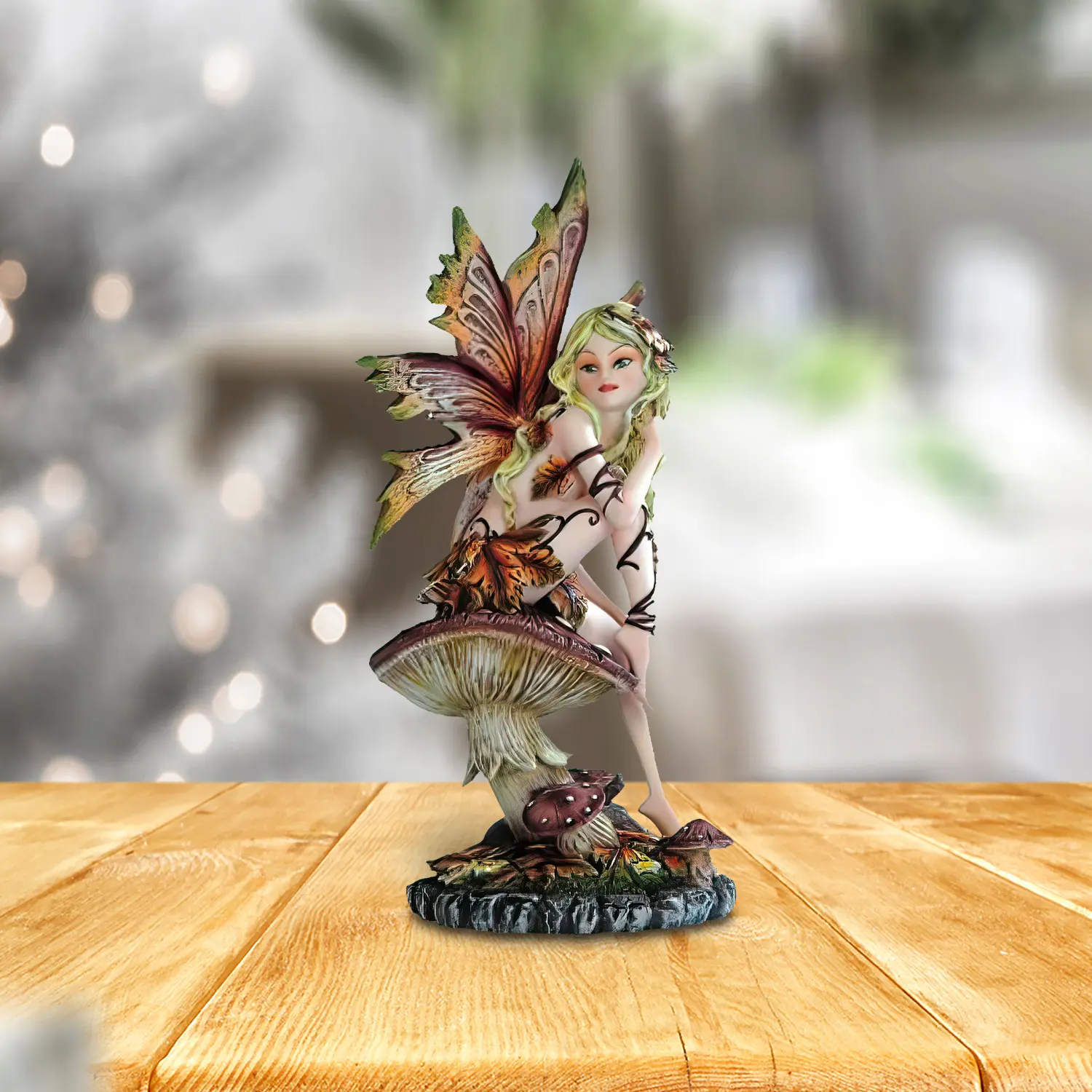 8"H Brown Butterfly Wings Autumn Fairy Sitting on Mushroom Statue Fantasy Decoration Figurine