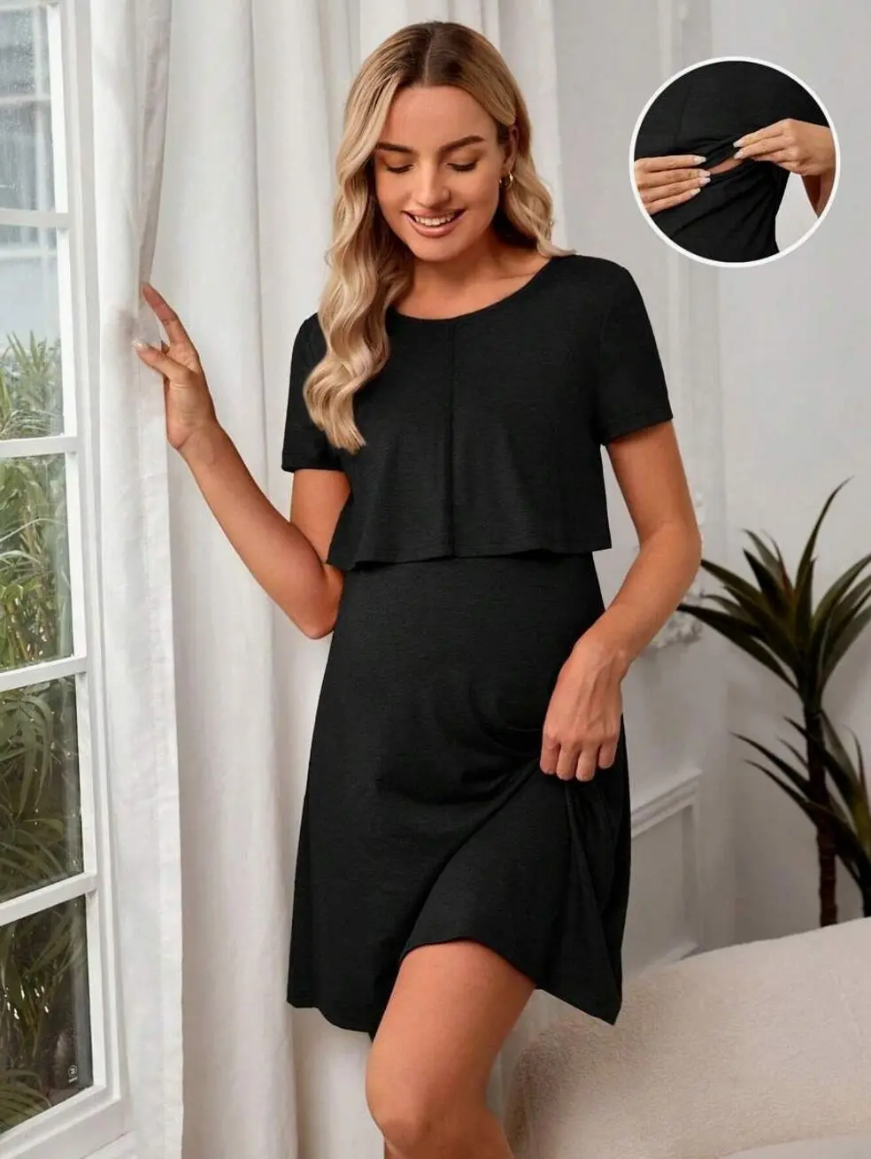 Maternity Solid Color Nursing Dress, Comfortable Breastfeeding-Friendly Pregnancy Outfit for Daily Wear