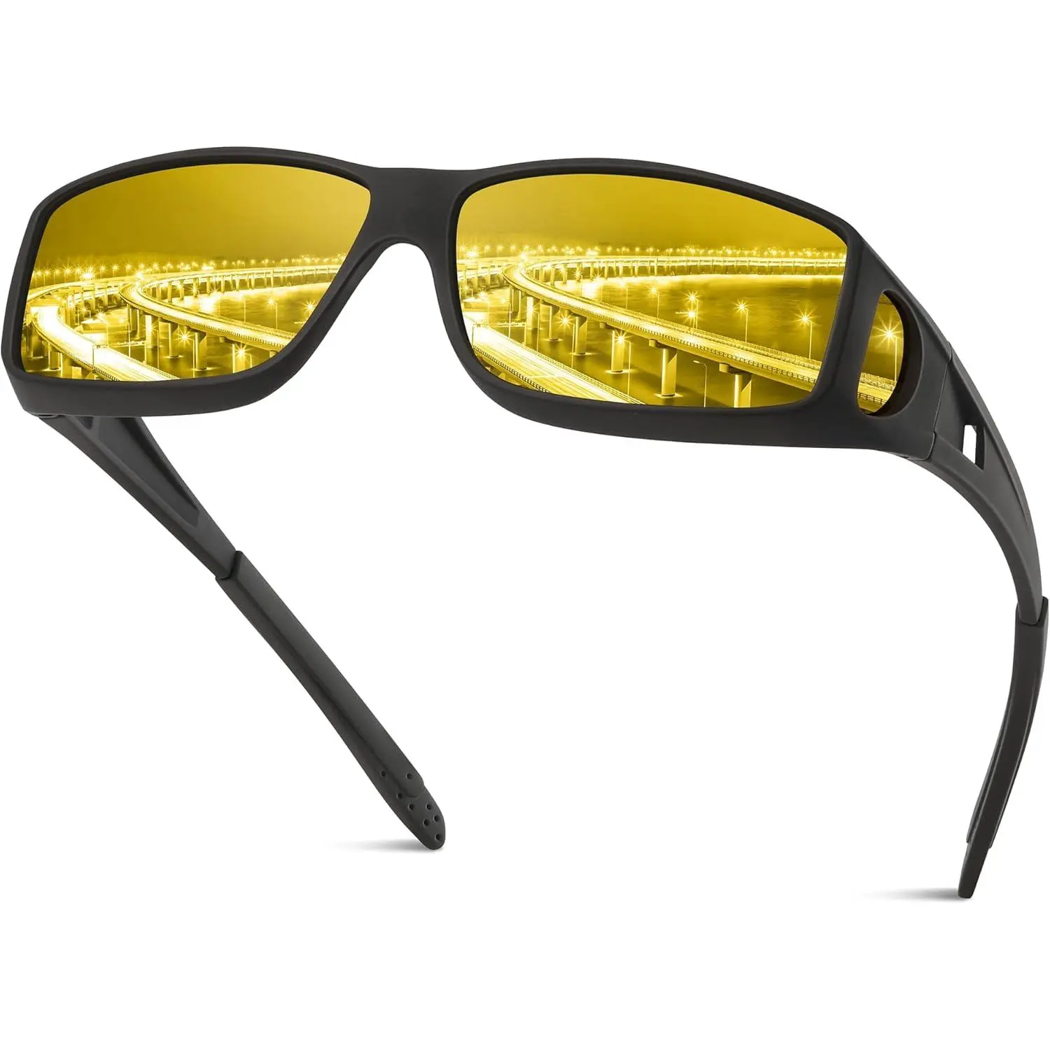 Oversized Fit-Over Glasses Rectangular Sunglasses for Men-Women, Full-Rim Plastic Frame, Anti-Glare HD Yellow TAC Lenses, Driving Polarized Eyewear