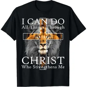 Men's Short-Sleeve Christian T-Shirt - "I Can Do All Things Through Christ" Lion Faith Casual Streetwear Top