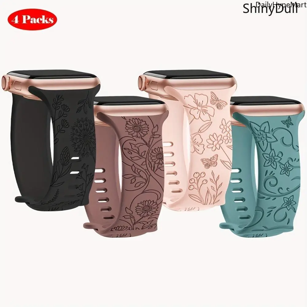 4-Pack Stylish Floral Pattern Silicone Apple Watch Bands, Sport Strap Accessories for 38-49mm Series 1-11 SE Ultra, Tech Accessories